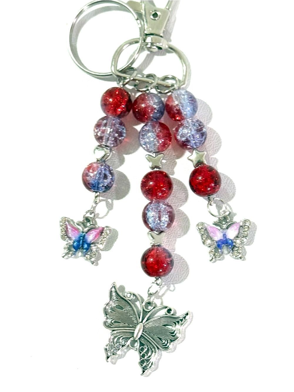 Beaded Butterfly Keychain /bag charm with Red and Purple Beads
